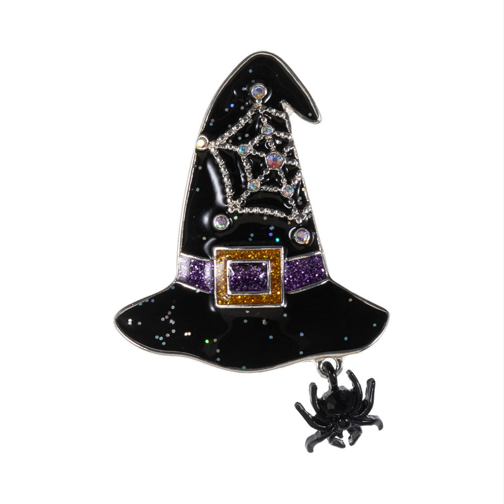 iLLASPARKZ Halloween Witch Hat Spider Dangle Pin Brooch