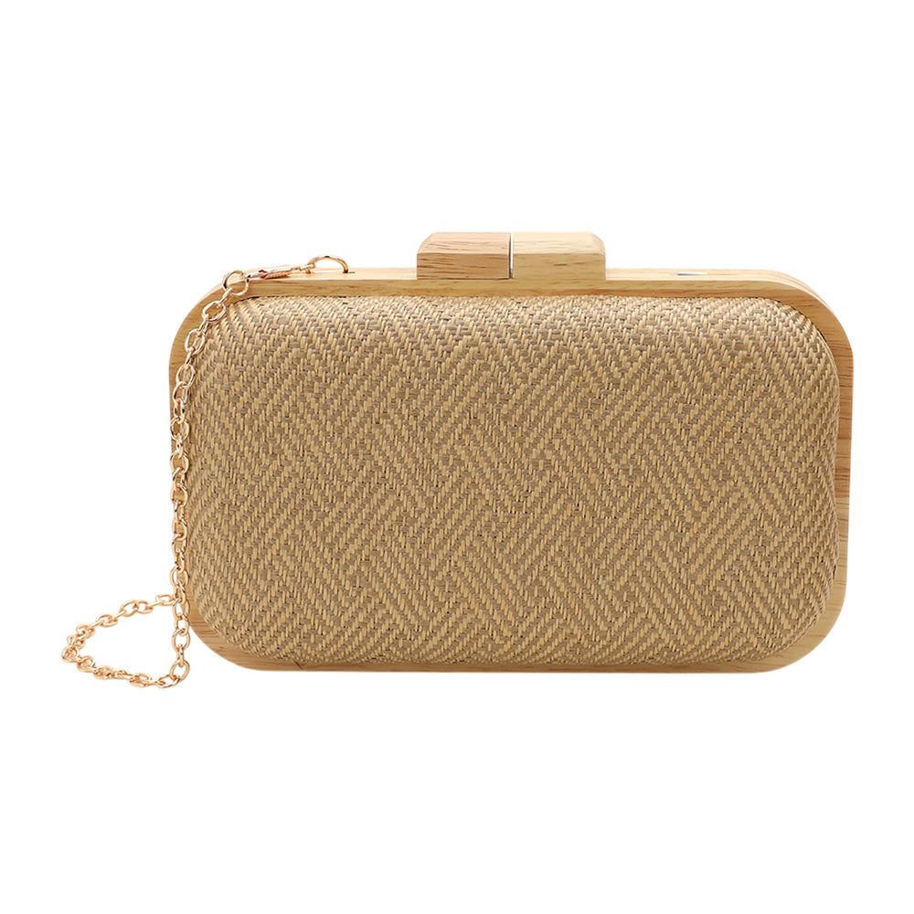 iLLASPARKZ Raffia Geometric Woven Pattern Wooden Clutch Bag / Crossbody Bag