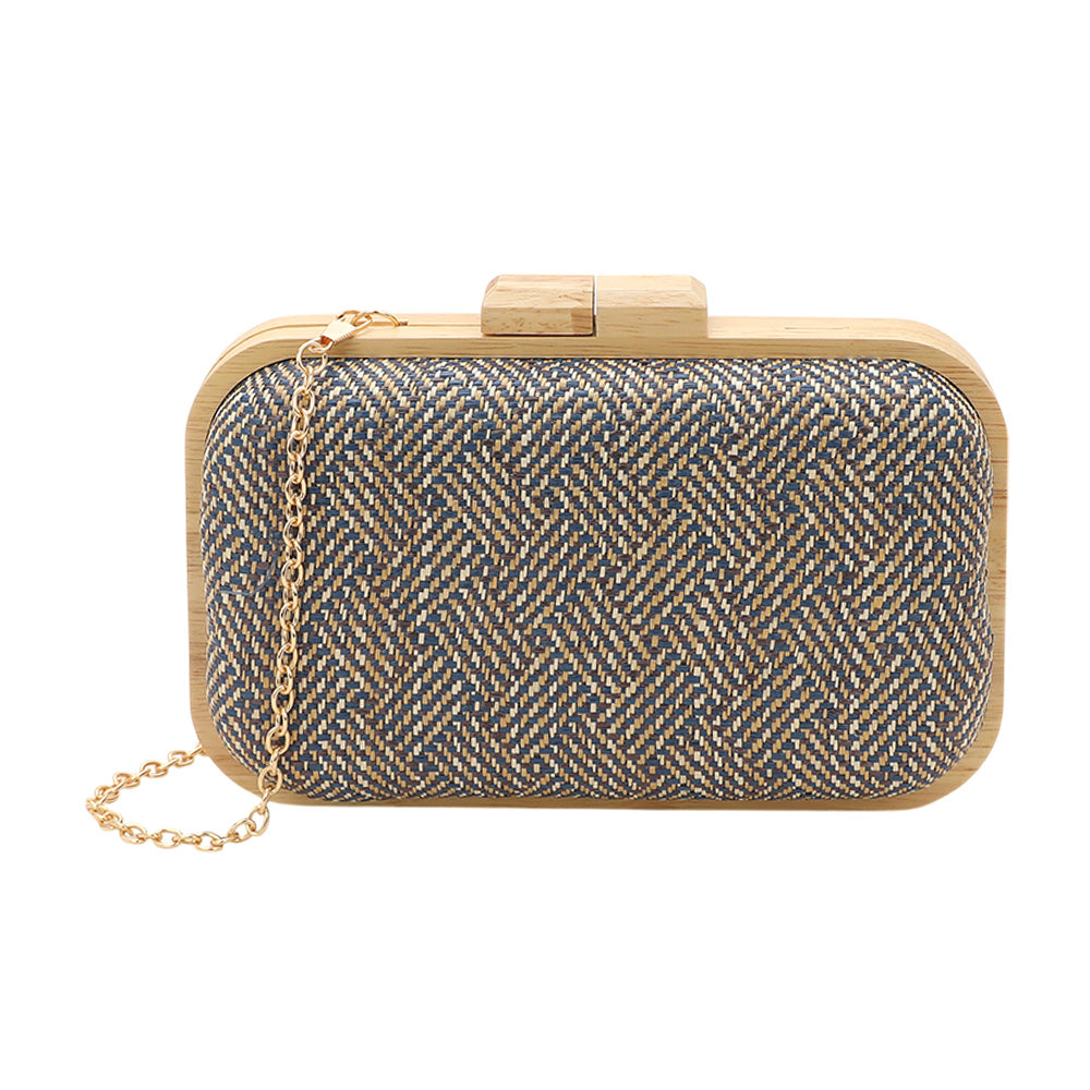 iLLASPARKZ Raffia Geometric Woven Pattern Wooden Clutch Bag / Crossbody Bag