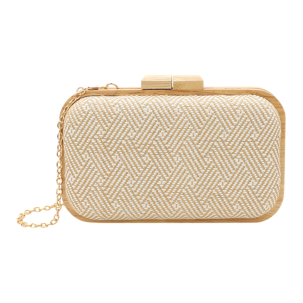 iLLASPARKZ Raffia Geometric Woven Pattern Wooden Clutch Bag / Crossbody Bag