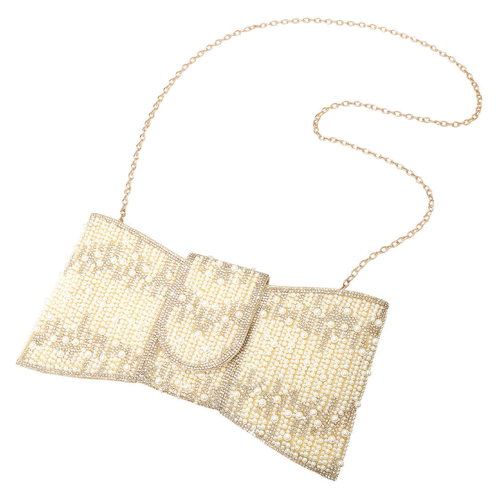 iLLASPARKZ Pearl Rhinestone Embellished Bow Shaped Clutch Bag / Crossbody Bag