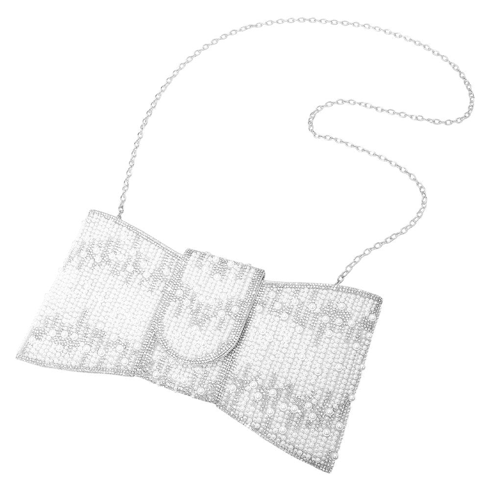 iLLASPARKZ Pearl Rhinestone Embellished Bow Shaped Clutch Bag / Crossbody Bag