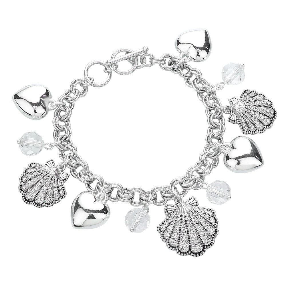 iLLASPARKZ Rhinestone Embellished Shell Metal Heart Charm Station Toggle Bracelet