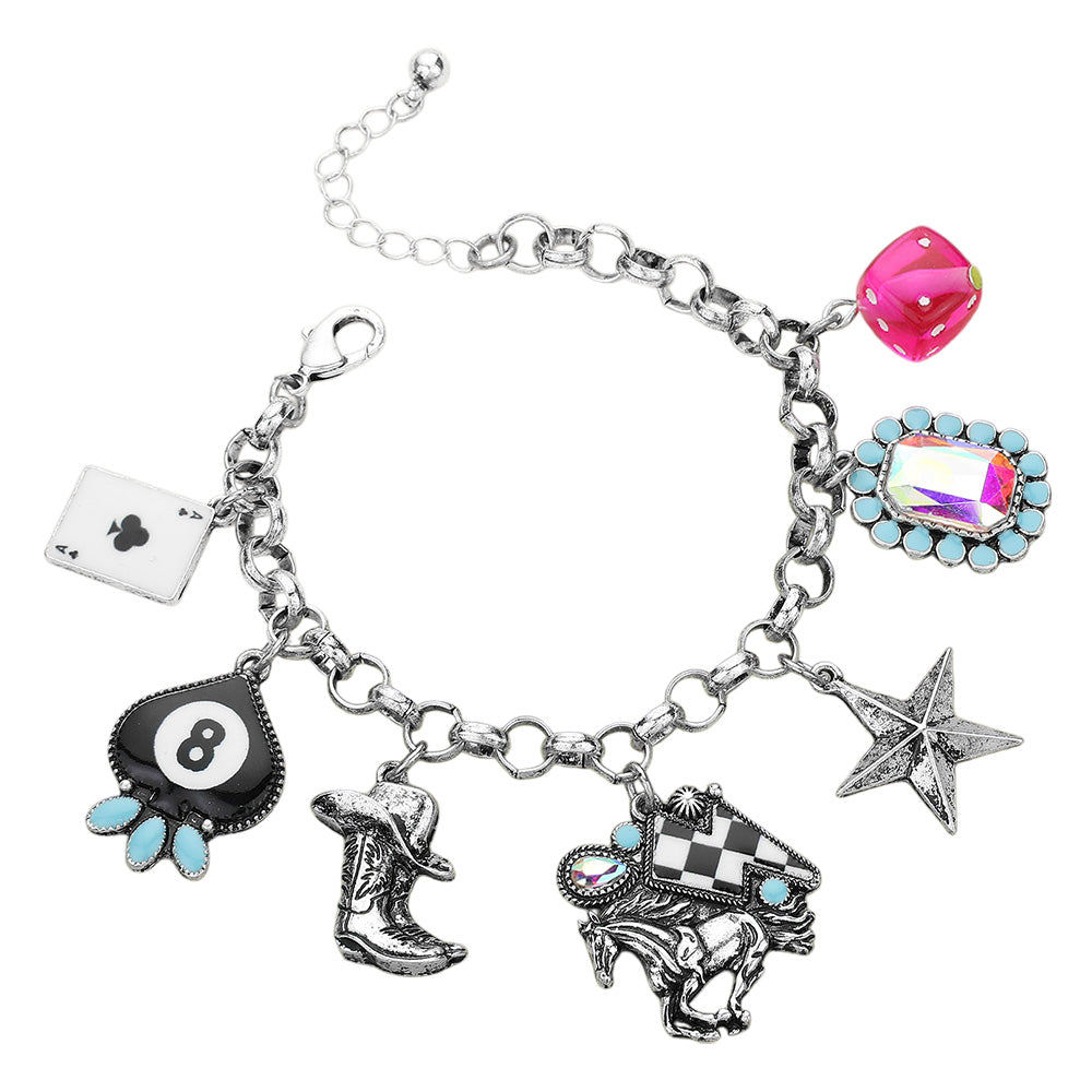 iLLASPARKZ Ace Of Clover 8 Ball Billiard Metal Western Boot Horse Star Dice Charm Station Bracelet