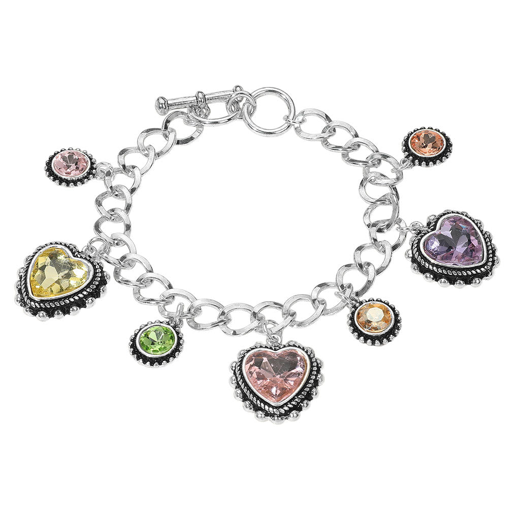 iLLASPARKZ Heart Round Stone Charm Station Toggle Bracelet