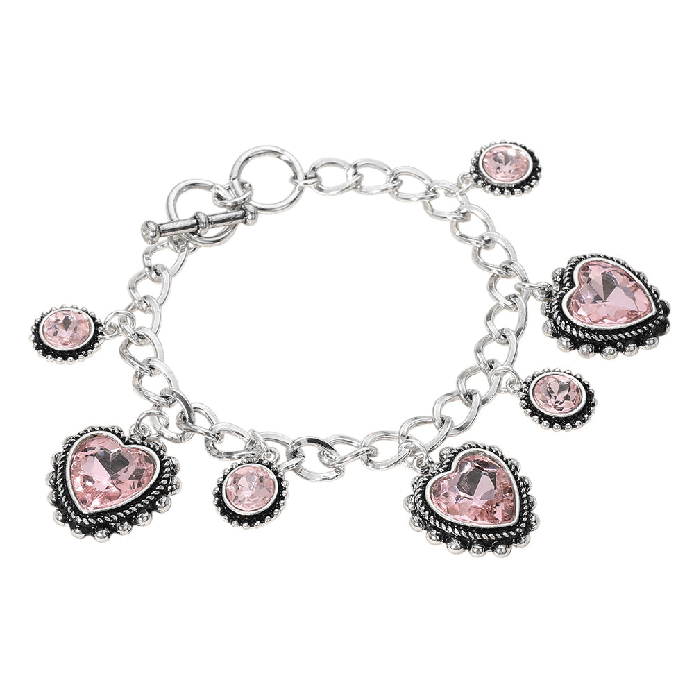 iLLASPARKZ Heart Round Stone Charm Station Toggle Bracelet