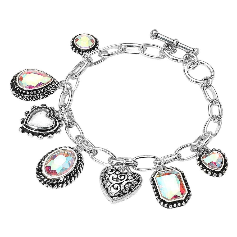 iLLASPARKZ Teardrop Oval Round Stone Metal Heart Charm Station Toggle Bracelet