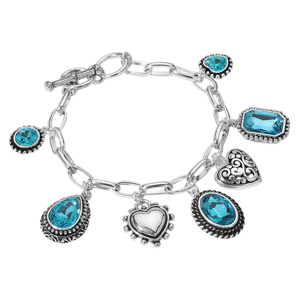 iLLASPARKZ Teardrop Oval Round Stone Metal Heart Charm Station Toggle Bracelet