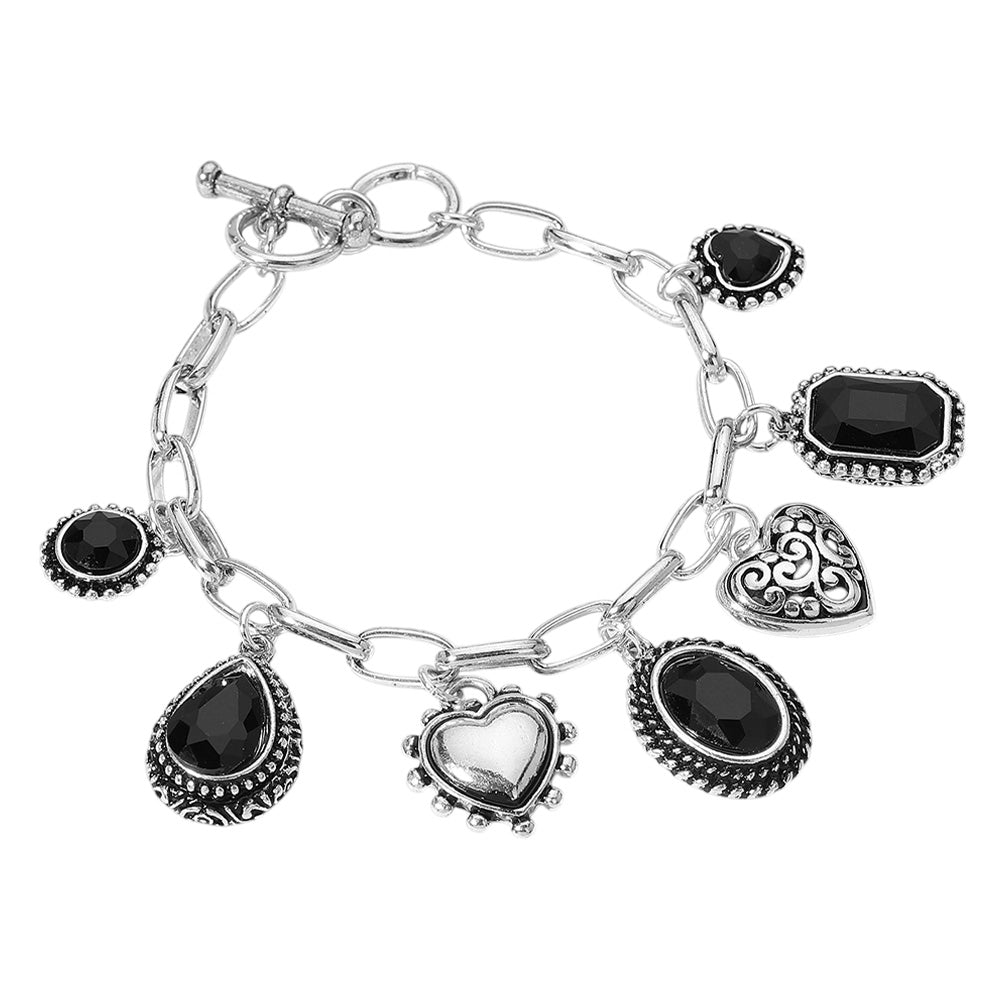 iLLASPARKZ Teardrop Oval Round Stone Metal Heart Charm Station Toggle Bracelet