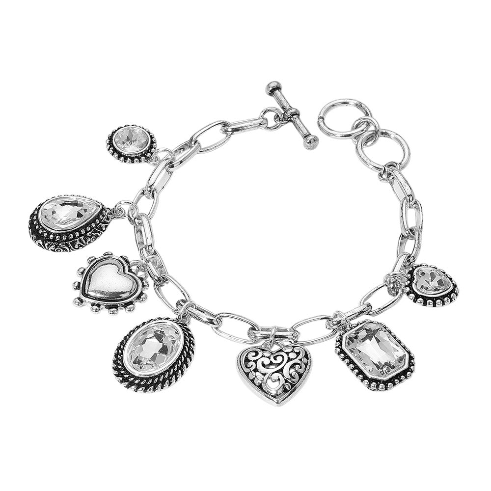 iLLASPARKZ Teardrop Oval Round Stone Metal Heart Charm Station Toggle Bracelet