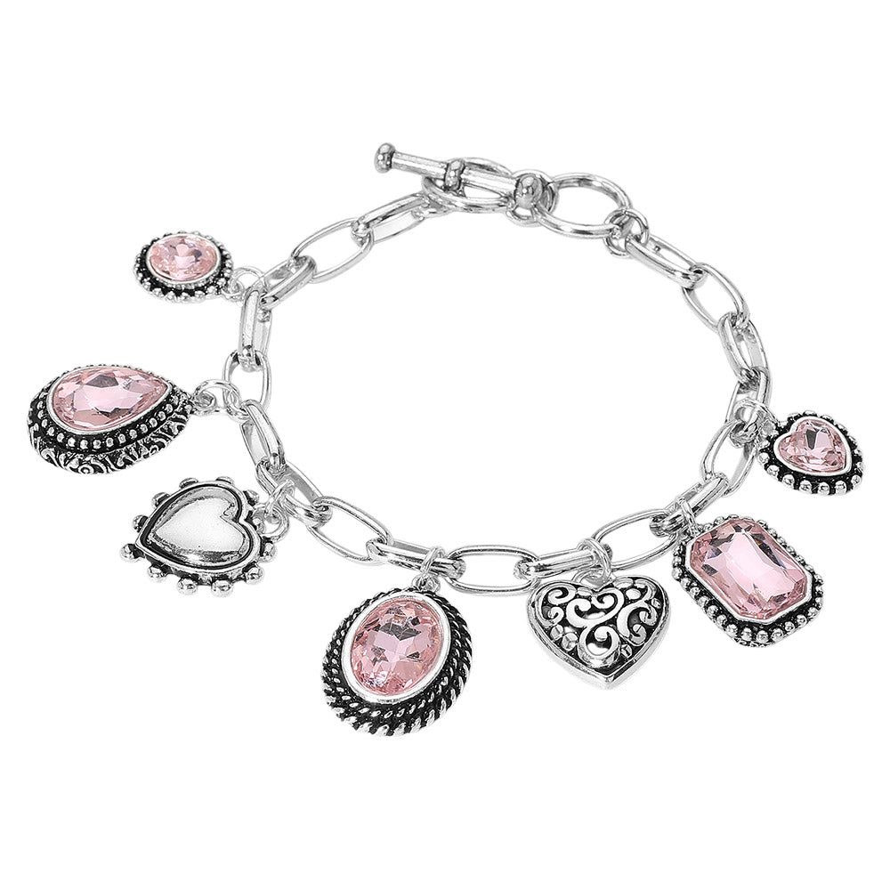 iLLASPARKZ Teardrop Oval Round Stone Metal Heart Charm Station Toggle Bracelet