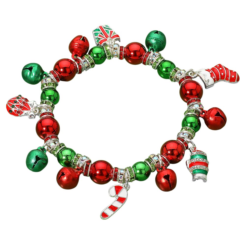 iLLASPARKZ Holiday Motif Jingle Bell Christmas Charm Beaded Stretch Bracelet