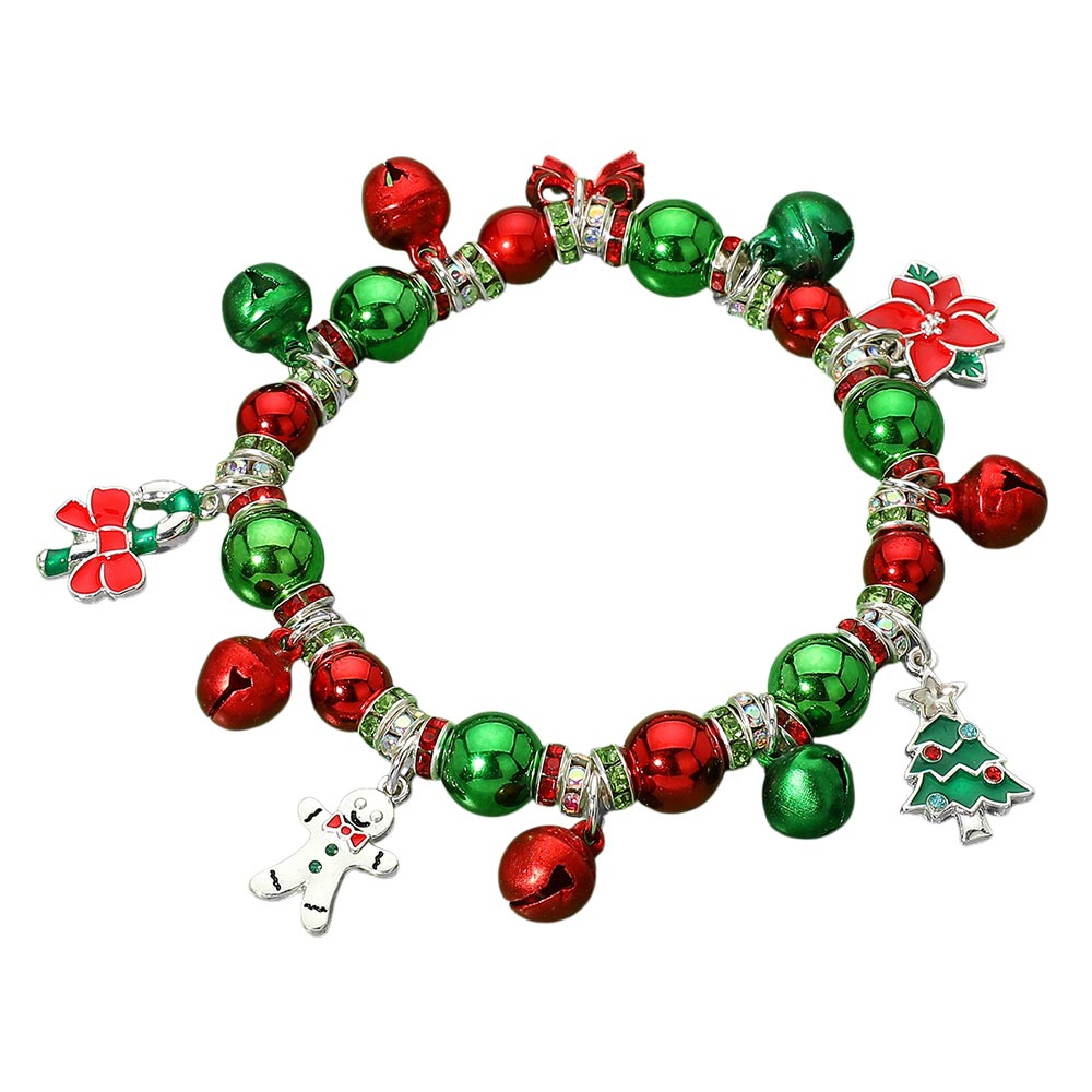 iLLASPARKZ Christmas Poinsettia Bow Tree Snowman Candy Cane Charm Bell Beaded Stretch Bracelet