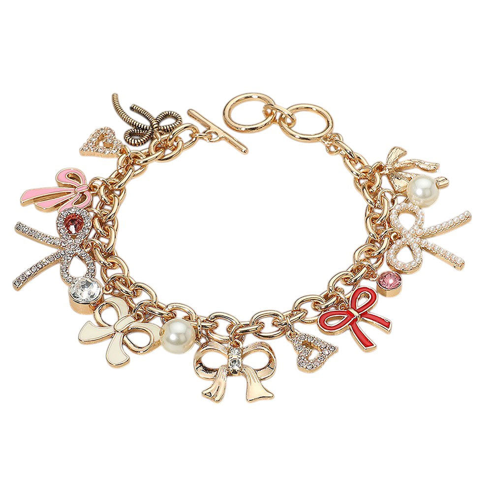 iLLASPARKZ Enamel Bow Pearl Stone Paved Heart Stone Bezel Charm Embellished Toggle Bracelet