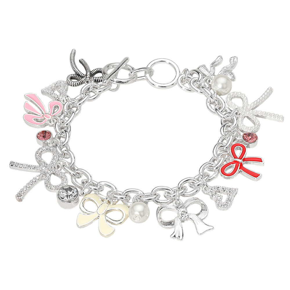 iLLASPARKZ Enamel Bow Pearl Stone Paved Heart Stone Bezel Charm Embellished Toggle Bracelet