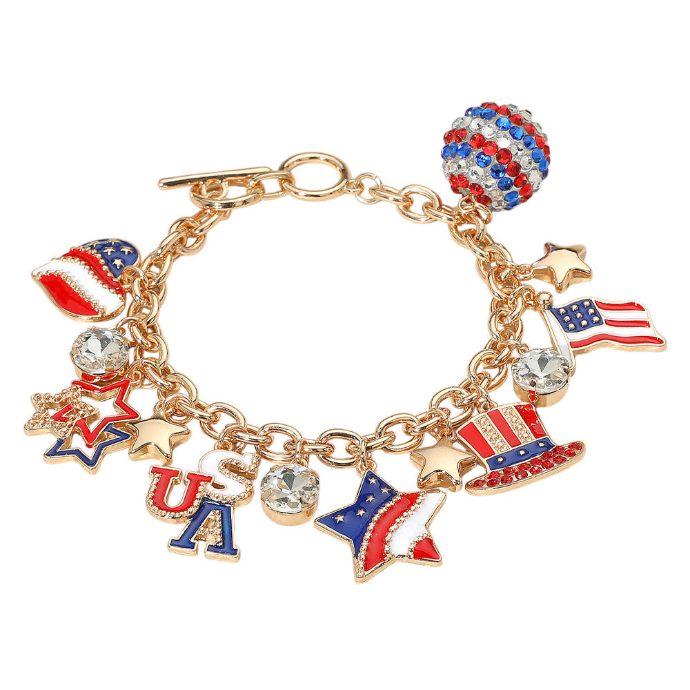 iLLASPARKZ Enamel Stone Paved American USA Flag Message Shamballa Ball Charm Embellished Toggle Bracelet