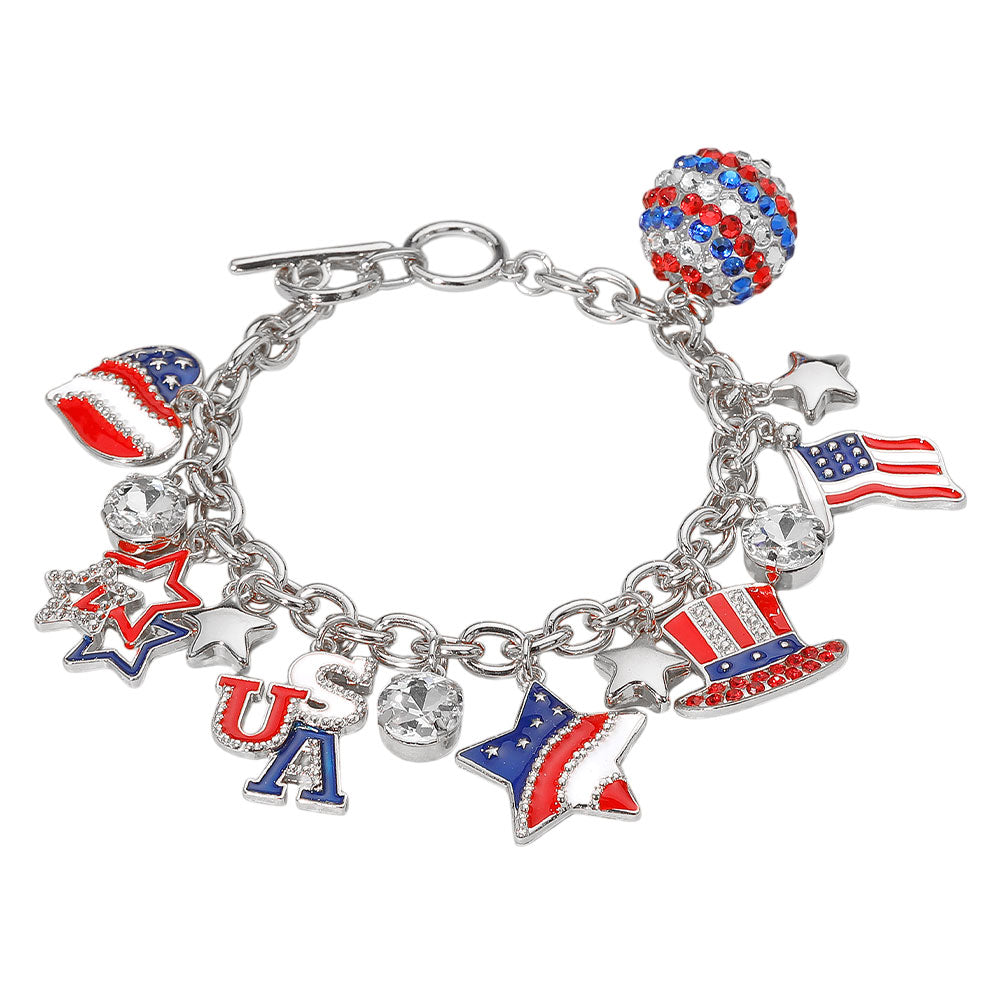 iLLASPARKZ Enamel Stone Paved American USA Flag Message Shamballa Ball Charm Embellished Toggle Bracelet