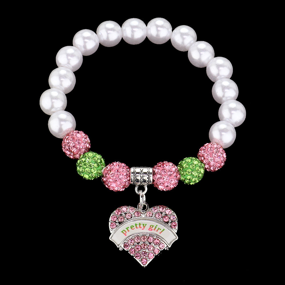 iLLASPARKZ Stone Paved Pretty Girl Message Heart Sorority Charm Pointed Shamballa Ball Pearl Beaded Stretch Bracelet