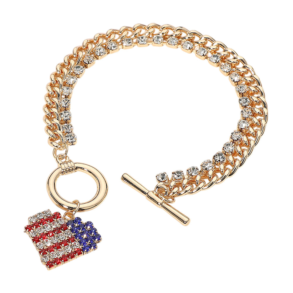 iLLASPARKZ Stone Paved American USA Flag Charm Chunky Chain Toggle Bracelet