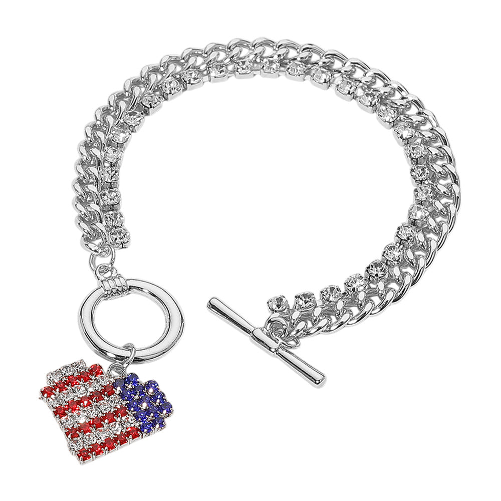 iLLASPARKZ Stone Paved American USA Flag Charm Chunky Chain Toggle Bracelet