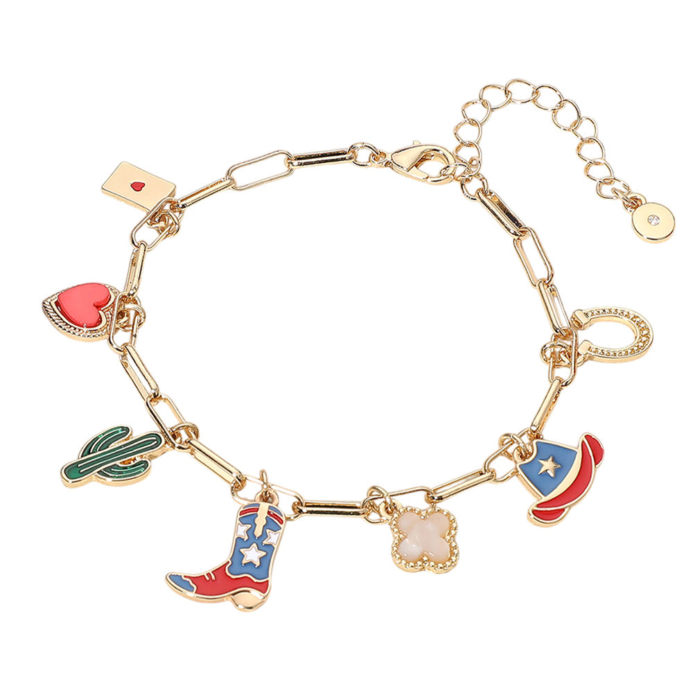 iLLASPARKZ Enamel American USA Flag Western Cowboy Boot Hat cactus Heart Horseshoe Quatrefoil Charm Station Bracelet