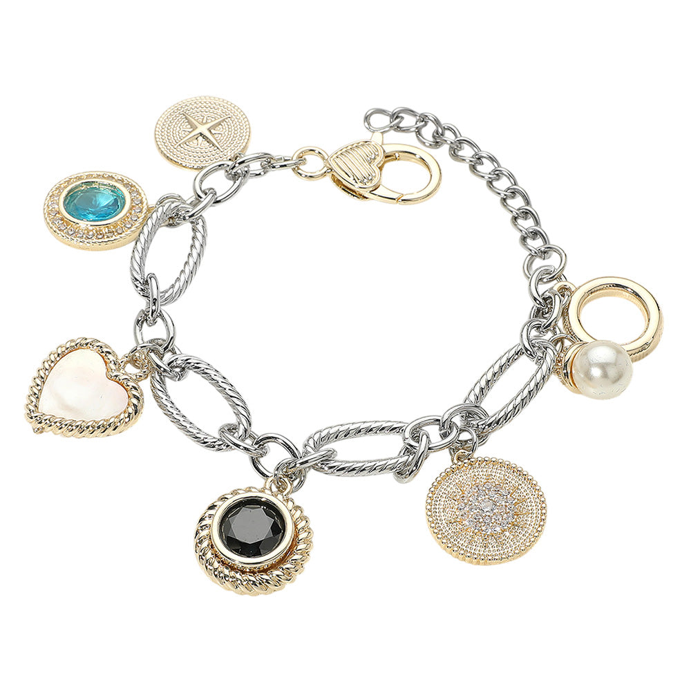iLLASPARKZ 14K Gold Plated Two Tone Mother of Pearl Heart Pearl Color CZ Stone Charm Station Bracelet