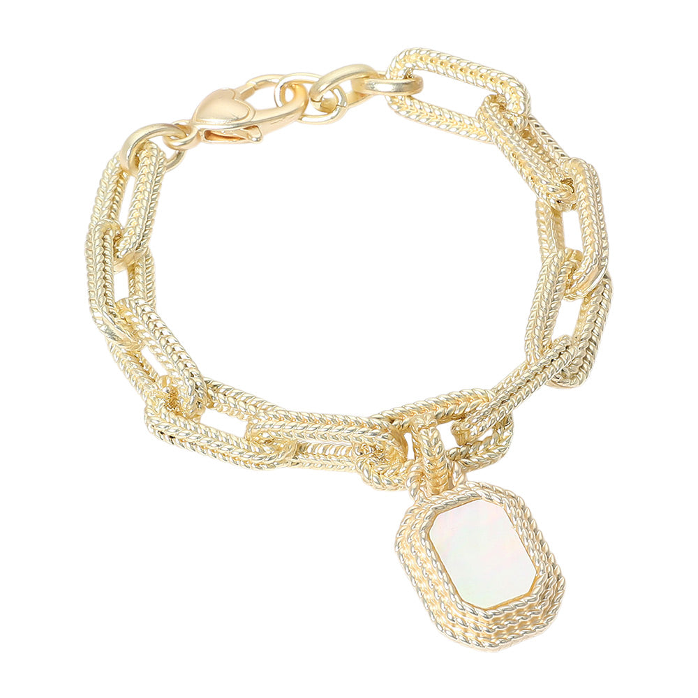 iLLASPARKZ 14K Gold Plated Rectangular Mother of Pearl Cluster Charm Chunky Brushed Chain Bracelet