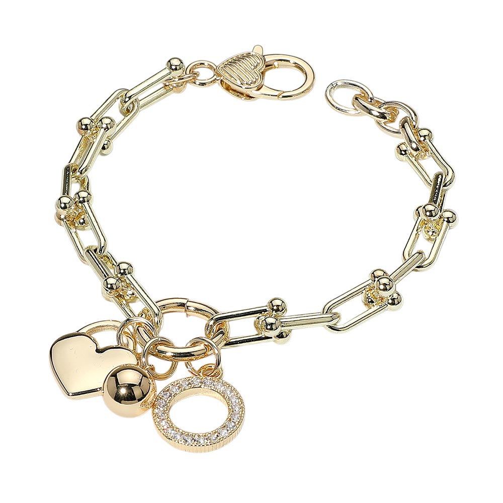 iLLASPARKZ 14K Gold Plated CZ Stone Paved Ball Heart Charm Pointed Hardware Chain Link Bracelet
