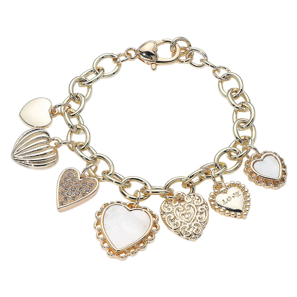 iLLASPARKZ 14K Gold Plated CZ Stone Paved Mother of Pearl Heart Charm Station Bracelet