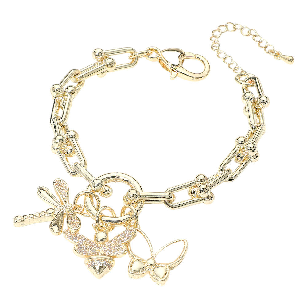 iLLASPARKZ 14K Gold Plated CZ Stone Paved Dragonfly Honey Bee Mother of Pearl Butterfly Charm Industrial Chain Link Bracelet