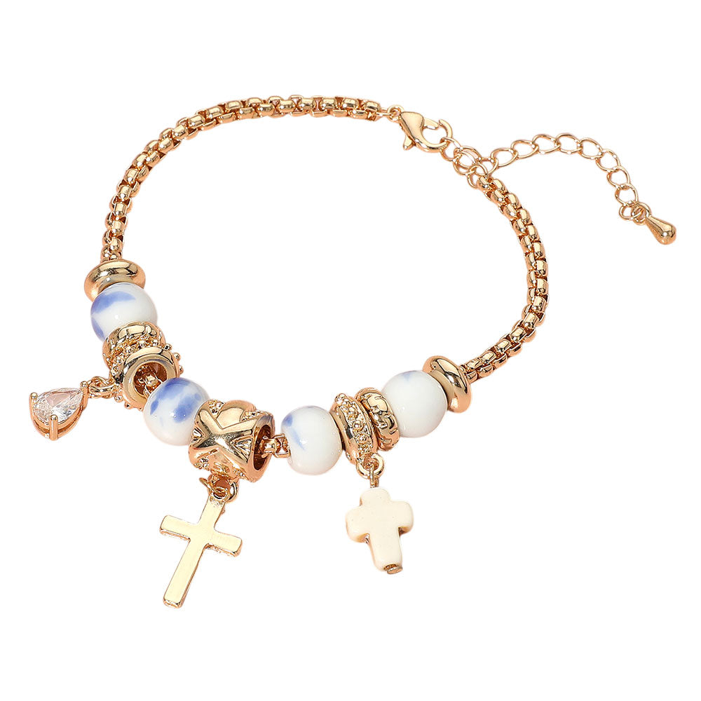 iLLASPARKZ Cross Teardrop Stone Beads Accented Charm Bracelet