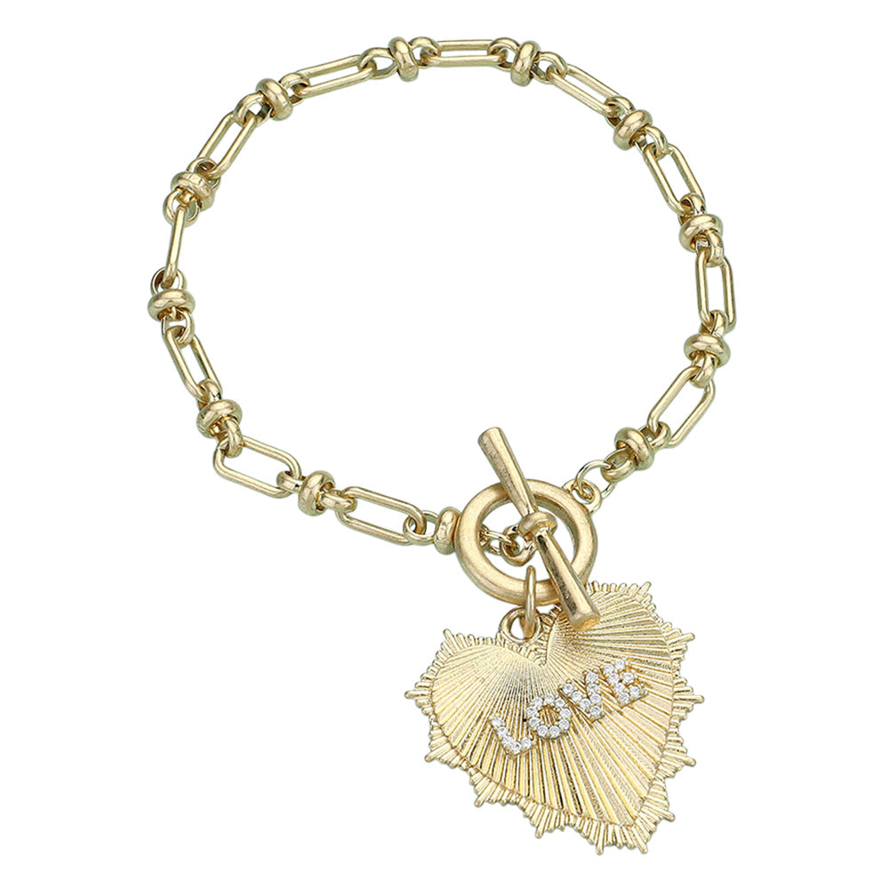 iLLASPARKZ Stone Paved LOVE Message Accented Textured Heart Charm Industrial Chain Toggle Bracelet