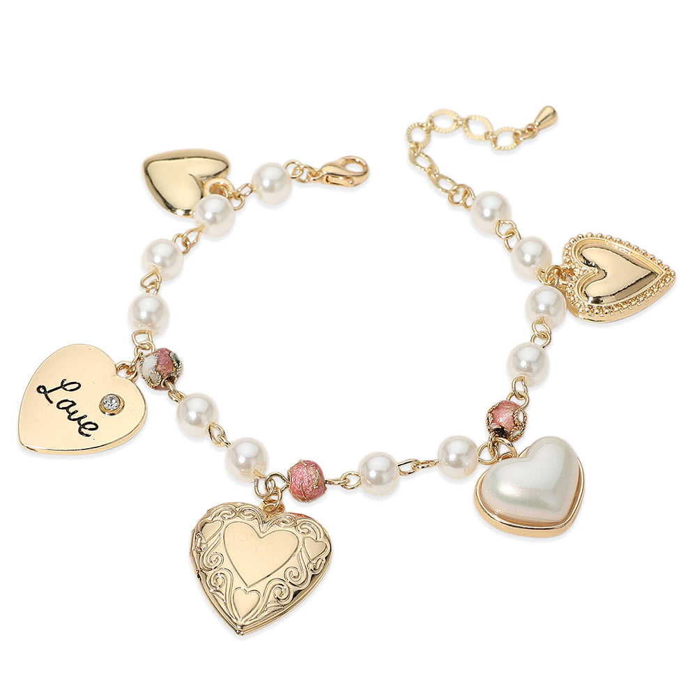 iLLASPARKZ Metal LOVE Engraved Pearl Heart Locket Pearl Charm Beaded Bracelet