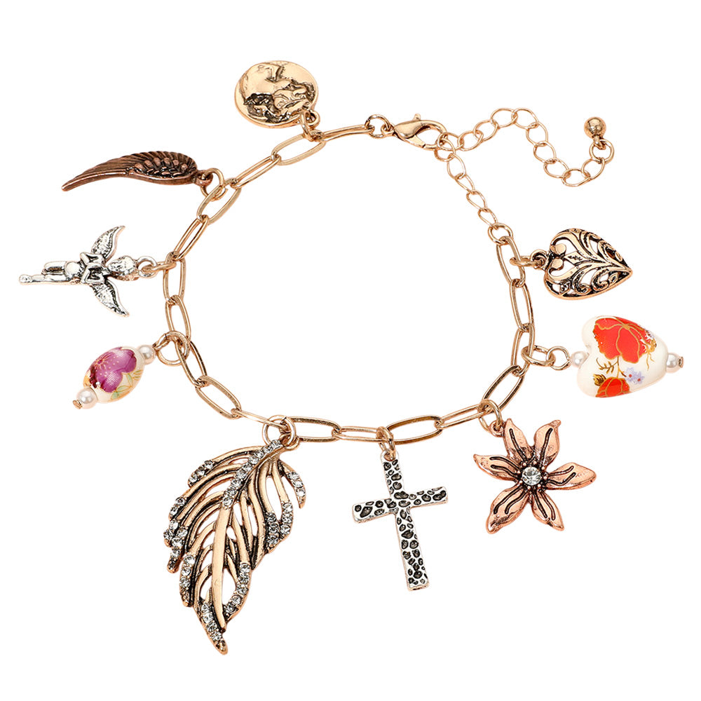 iLLASPARKZ Leaf Flower Angel Cross Heart Wing Charm Station Paperclip Chain Bracelet