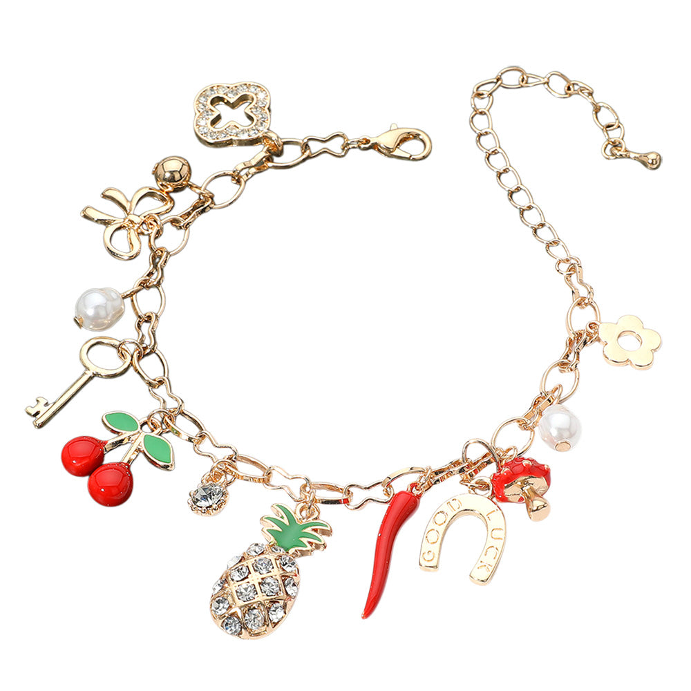 iLLASPARKZ Pineapple Cherry Chili Quatrefoil Bow Key Pearl Mushroom Flower Good Luck Horseshoe Charm Station Bracelet