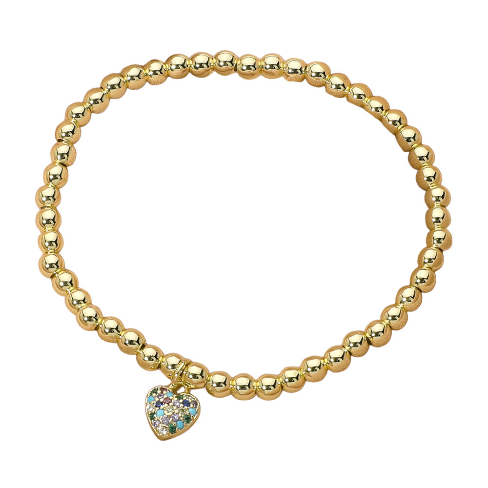 iLLASPARKZ Stainless Steel Stone Paved Heart Charm Beaded Stretch Bracelet