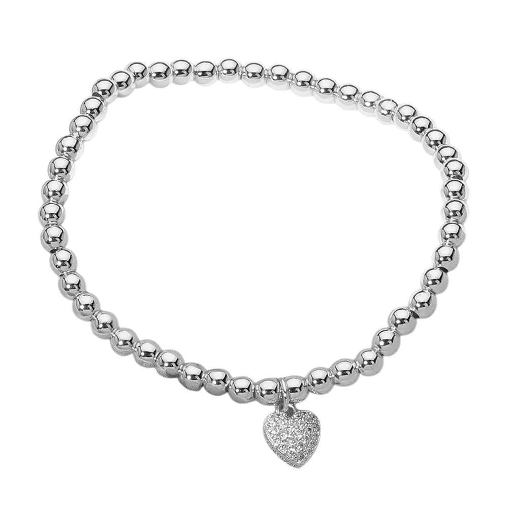 iLLASPARKZ Stainless Steel Stone Paved Heart Charm Beaded Stretch Bracelet
