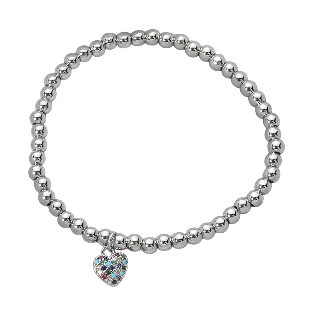 iLLASPARKZ Stainless Steel Stone Paved Heart Charm Beaded Stretch Bracelet
