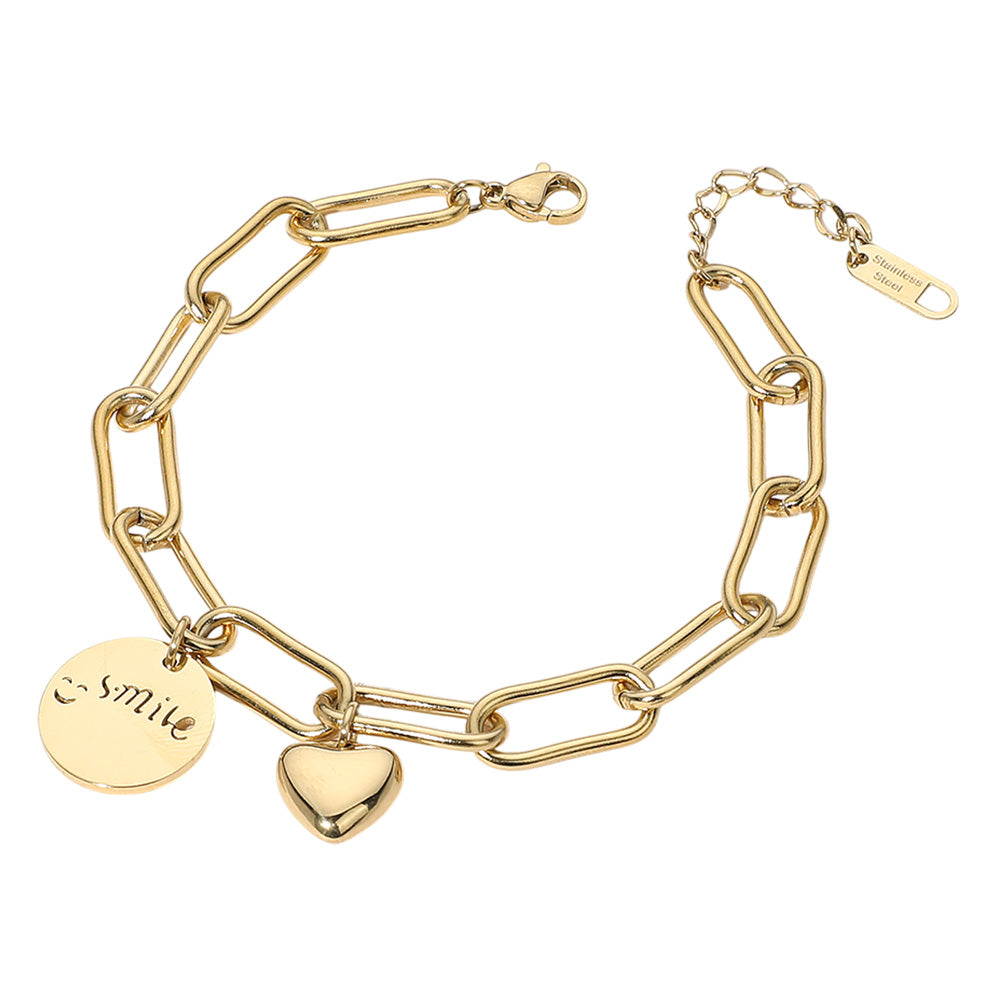 iLLASPARKZ SECRET BOX_Stainless Steel Smil Engraved Disc Heart Charm Paperclip Chain Bracelet