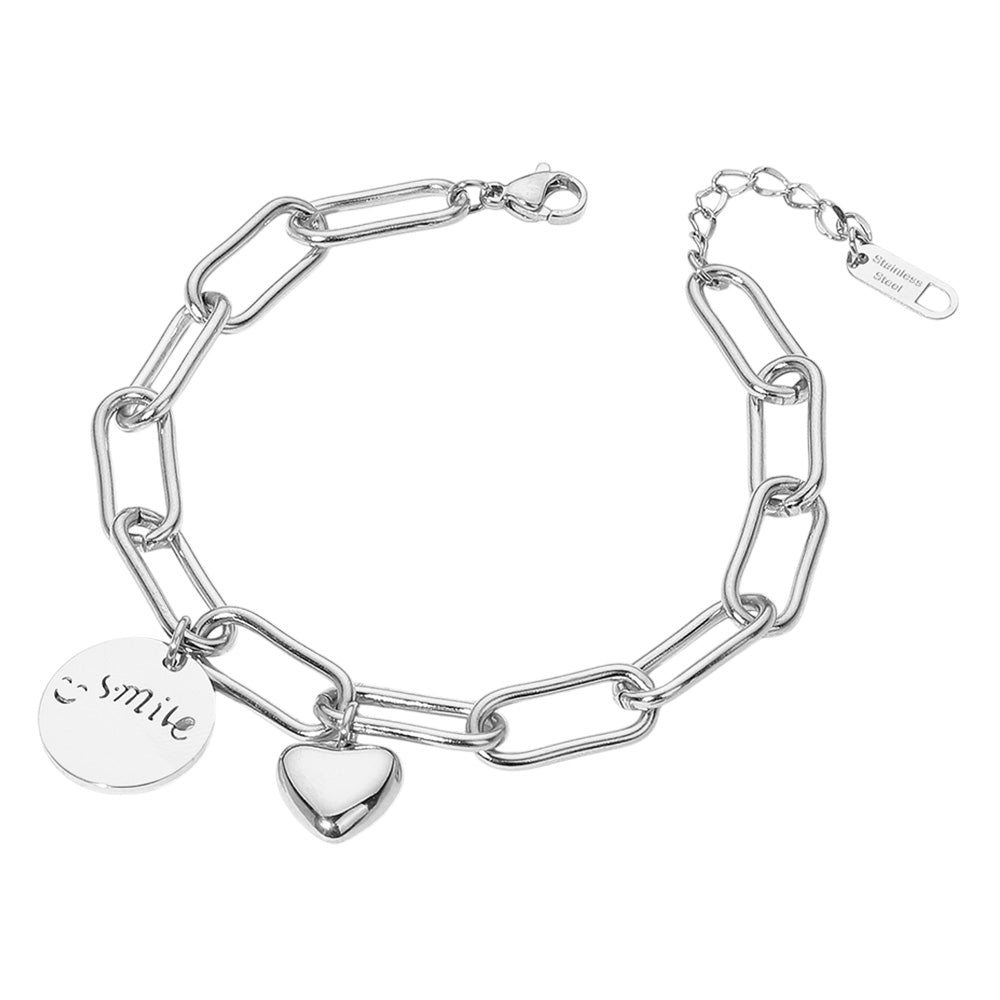 iLLASPARKZ SECRET BOX_Stainless Steel Smil Engraved Disc Heart Charm Paperclip Chain Bracelet