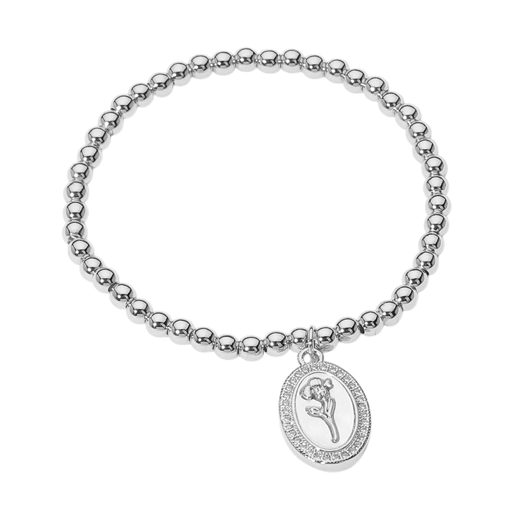 iLLASPARKZ Stainless Steel Stone Paved Tulip Flower Embossed Mother of Pearl Oval Charm Beaded Stretch Bracelet