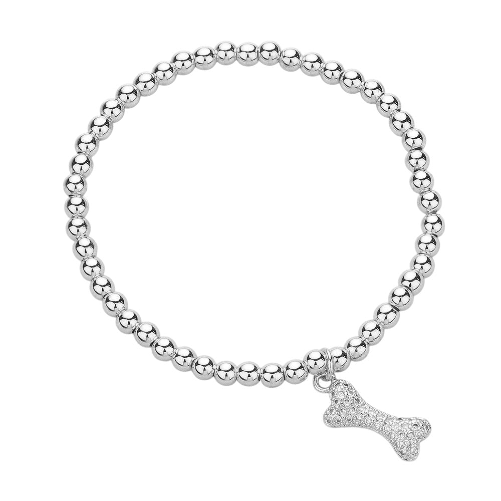 iLLASPARKZ Stainless Steel CZ Stone Paved Dog Bone Charm Pointed Stretch Bracelet