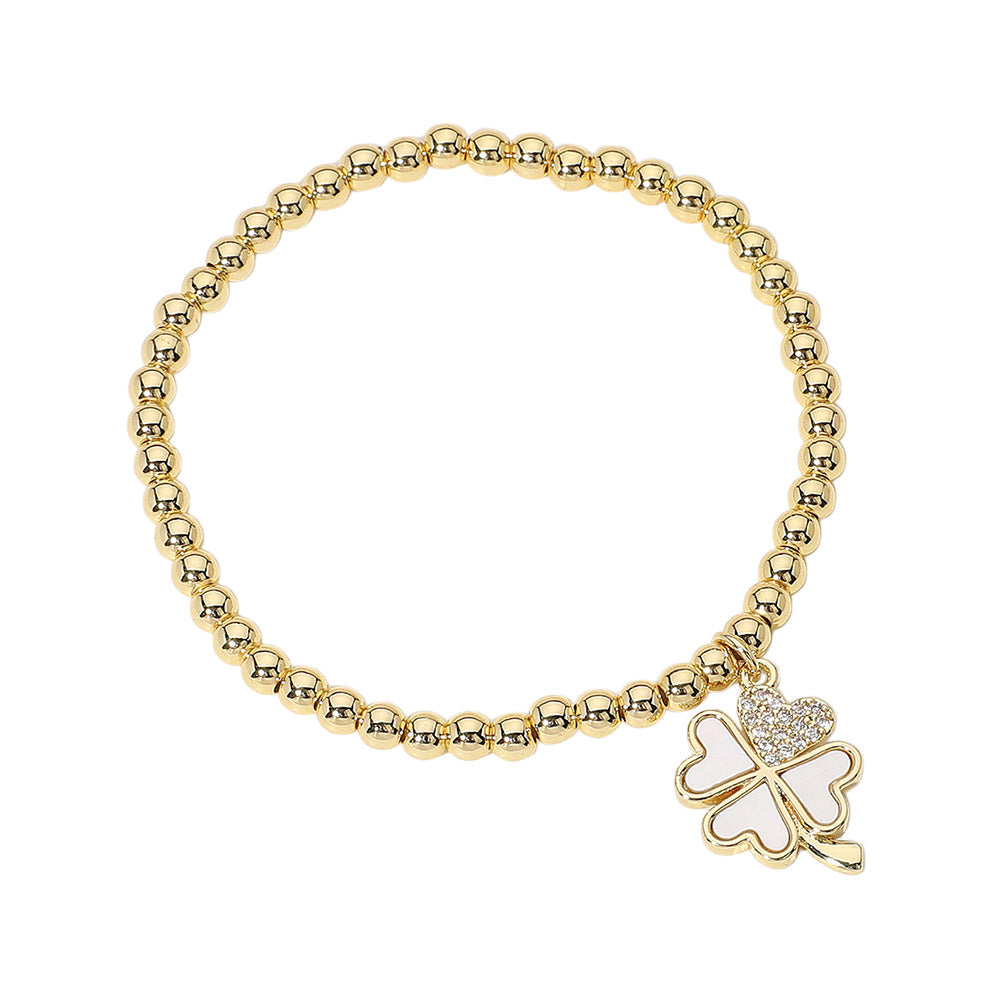iLLASPARKZ Stainless Steel Ball Stone Paved Mother of Pearl Clover Charm Beaded Stretch Bracelet