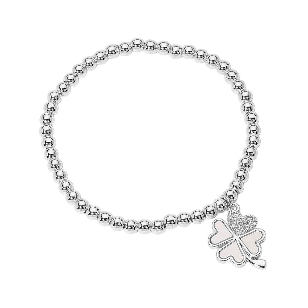 iLLASPARKZ Stainless Steel Ball Stone Paved Mother of Pearl Clover Charm Beaded Stretch Bracelet