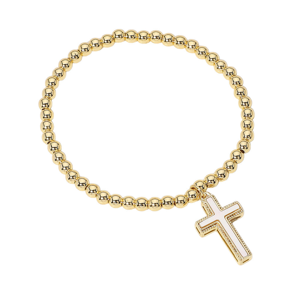 iLLASPARKZ Stainless Steel Ball Mother of Pearl Cross Charm Beaded Stretch Bracelet