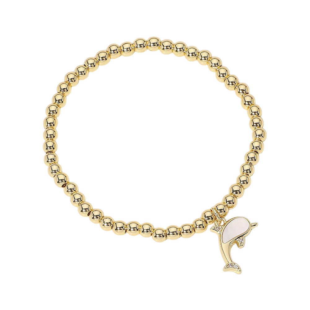 iLLASPARKZ Stainless Steel Ball Mother of Pearl Dolphin Charm Beaded Stretch Bracelet