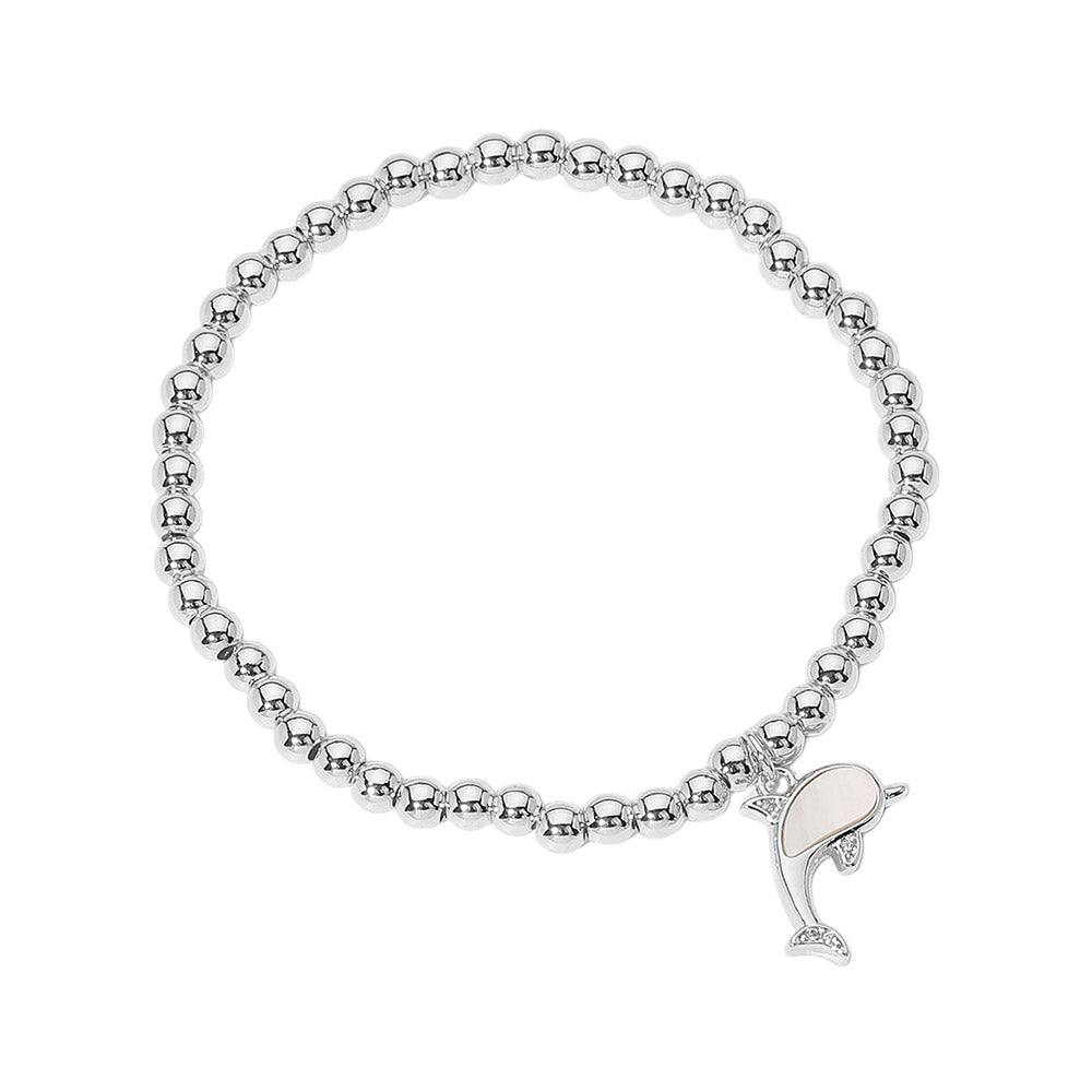 iLLASPARKZ Stainless Steel Ball Mother of Pearl Dolphin Charm Beaded Stretch Bracelet