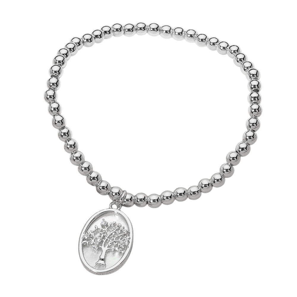 iLLASPARKZ Stainless Steel Tree of Life Embossed Mother of Pearl Oval Charm Beaded Stretch Bracelet