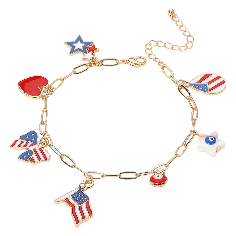 iLLASPARKZ Enamel American USA Flag Bow Star Heart Evil Eye Charm Station Paperclip Chain Bracelet