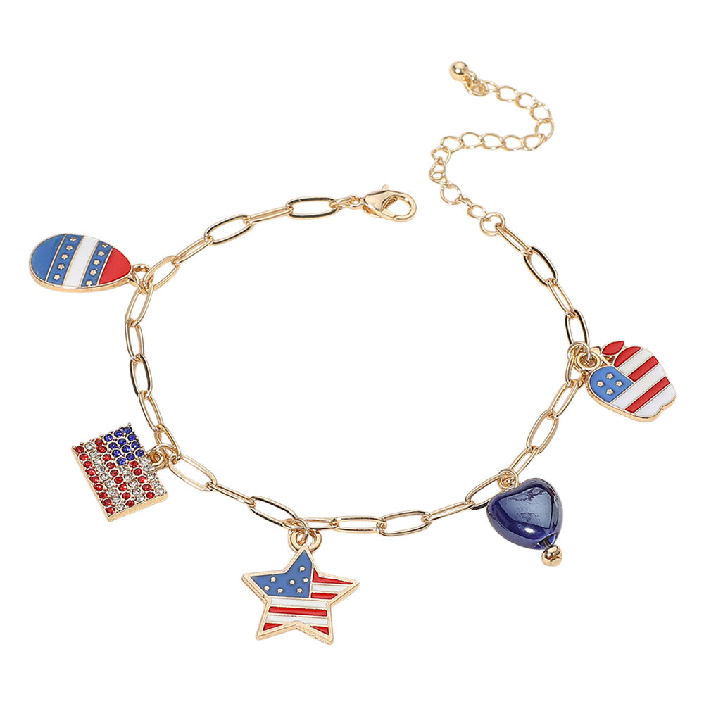iLLASPARKZ Enamel American USA Flag Star Apple Egg Heart Charm Station Paperclip Chain Bracelet